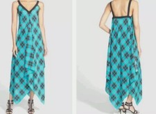 MICHAEL KORS BLACK & TEAL PLAID ASYMMETRICAL MAXI DRESS SIZE L/XL MSRP $160 EUC