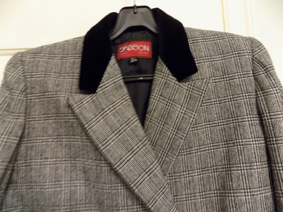 Chaqueta Blazer De Colección Sasson Negra a Cuadros Cuello Terciopelo Acento Hong Kong Bolsillos 4/5 Foto 2 de 4