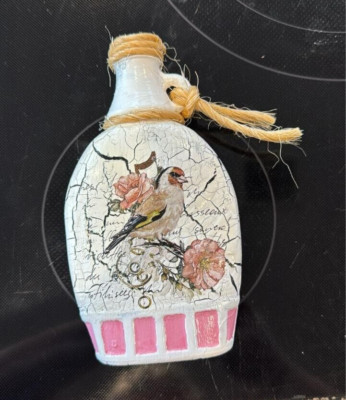 French Country Cottage Shabby Chic Upcycled Glass Bottle pink flora Bird Design