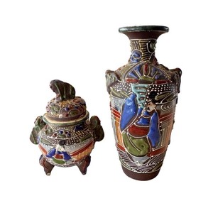 Japanese Satsuma Style Moriage Bud Vase Hand Painted Ceramic 6” + Jar W Lid 4”