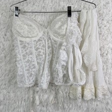 Frederick's Of Hollywood Bustier Bridal 36C White Lace Garter Vintage Set 90's
