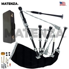 Scottish Great Highland Bagpipes Full Set Black Hand-Engraved Chrome Silver