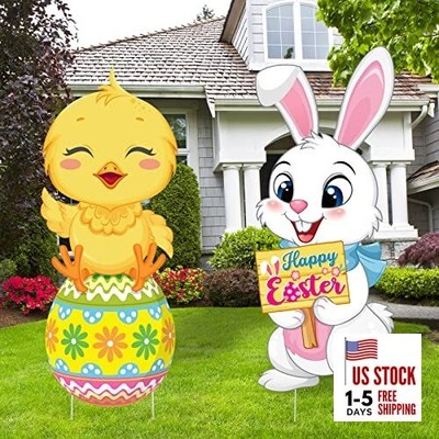 2 Pack Easter Yard Signs Cute Bunnies Chick Outdoor Lawn Decorations Easter 