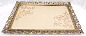 VTG Hollywood Regency Gold Tone Glass Rectangle Vanity Tray Filigree 14.5 x 9.5"