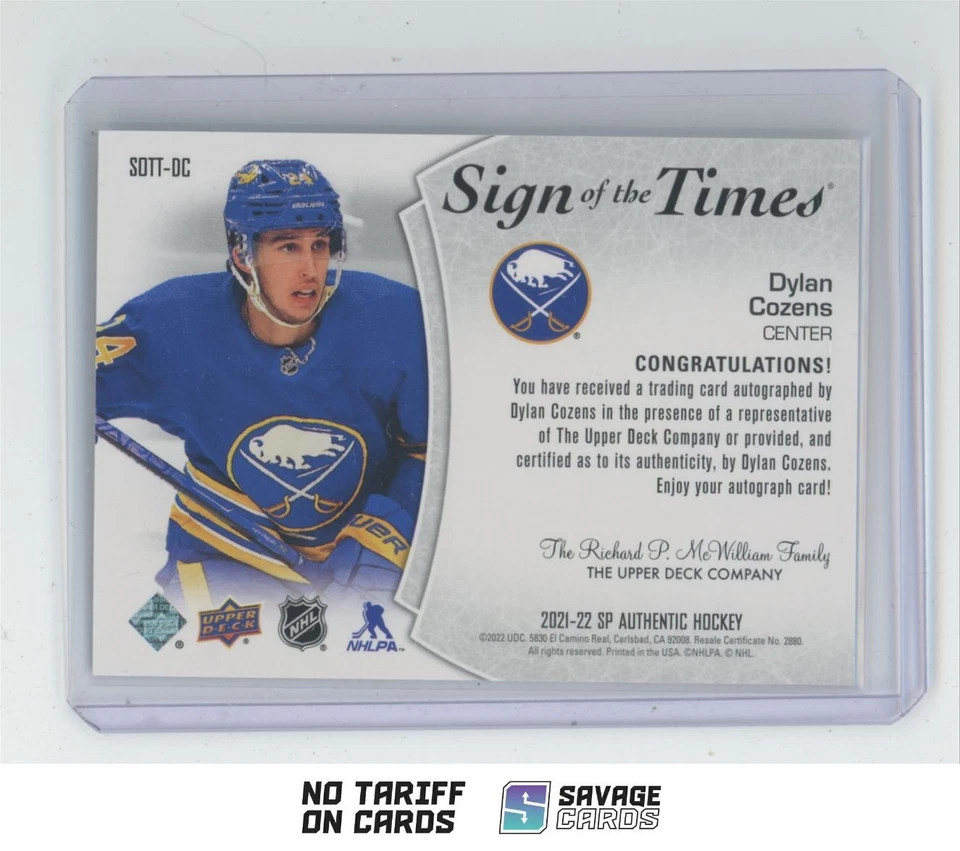 2021-22 SP Authentic Update 2021-22 Dylan Cozens #SOTT-DC Buffalo Sabres - Image 2 of 3