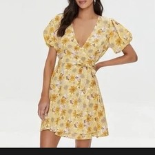 Forever 21 Womens NWT Floral Linen Blend Wrap Dress Puff Sleeve Sz M Cottage