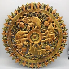 Vintage Elephant Hand Carved Teak Wood Wall Panel Art Thai Hanging Decor Novica