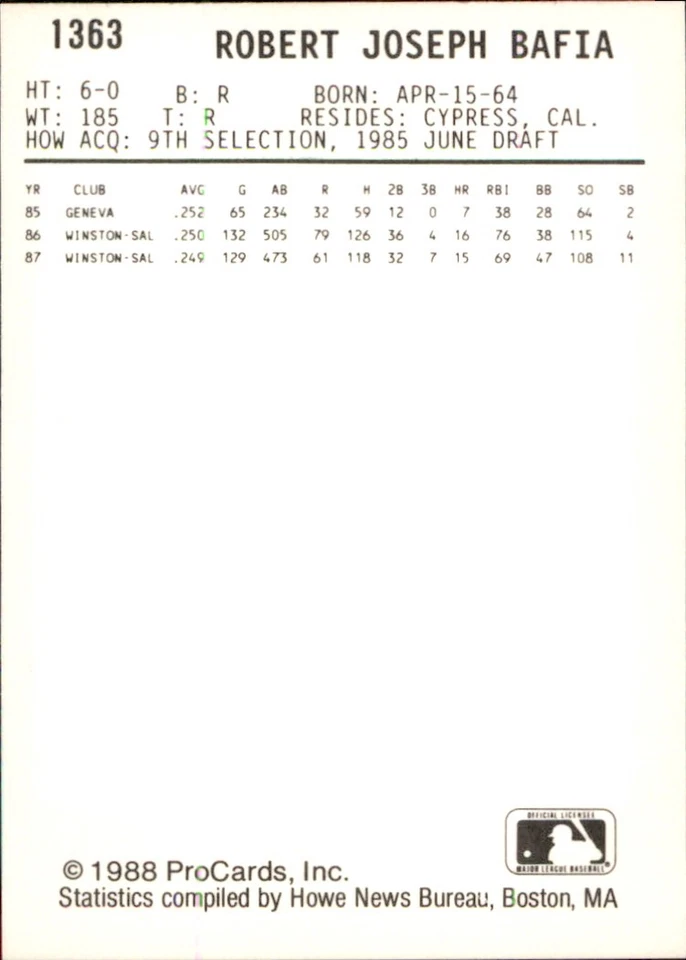 Bob Bafia 1988 ProCards #1363 RC Pittsfield Cubs FREE SHIPPING AutographDen - Image 2 of 2