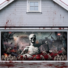 Halloween Scary Garage Door Cover Banner Large 7 X 16 FT Skulls Spiderweb Decor