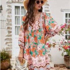 Floral Bohemian Dress - 3/4 sleeves babydoll floral Medium