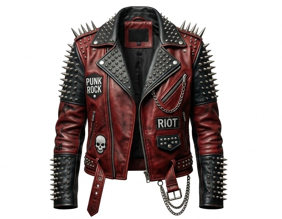 Men's Punk Rock Studded Leather Jacket - Red Black Spiked Skull Biker Motorcycle
