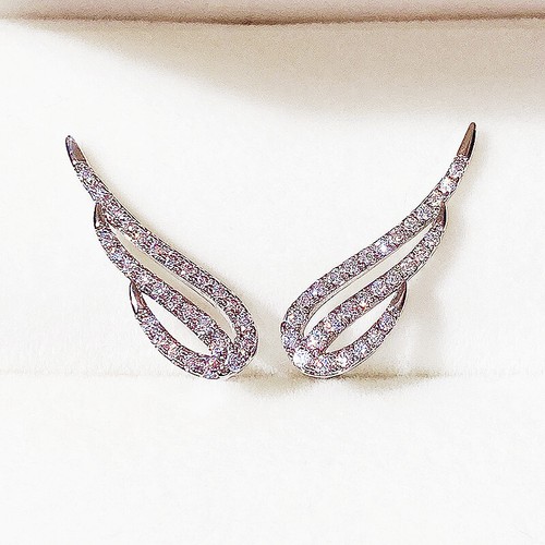 Women Cubic Zircon Wedding Stud Earring Adorable 925 Silver Feather Jewelry - Picture 3 of 7