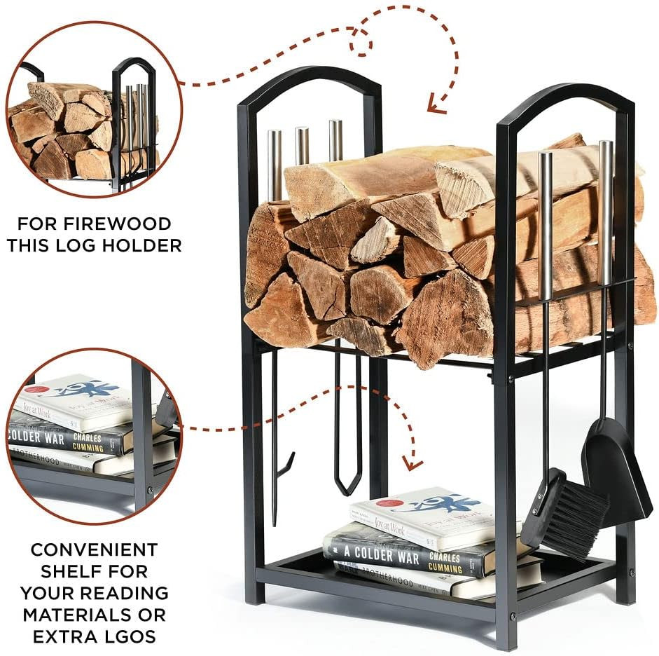Firewood Rack Outdoor Indoor - 2-Tier Firewood Holder with Fireplace Tools Set,