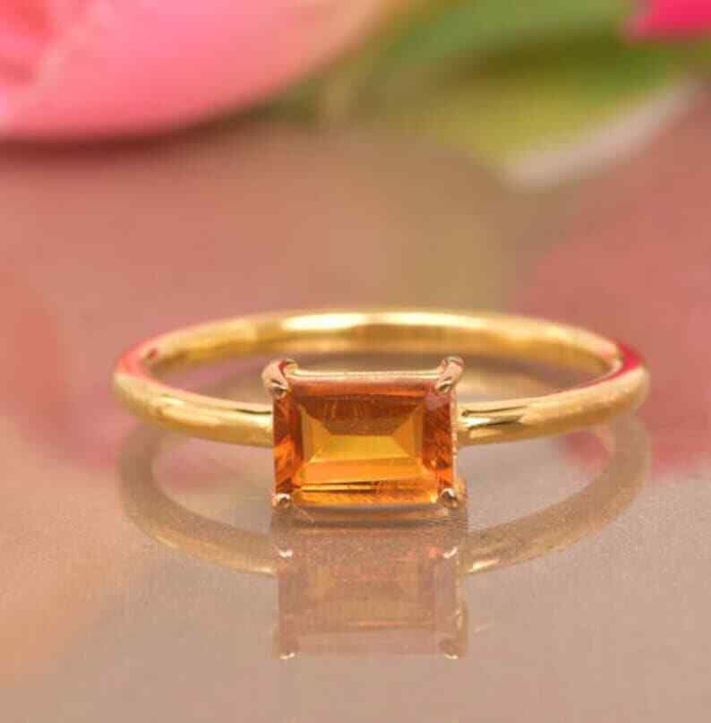 Natural Emerald Cut Citrine Solitaire Gold Plated Silver Stacking Ring