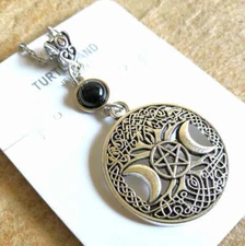 925 Sterling Silver Triple Moon Goddess Wicca Pentagram Magic Amulet Necklace   