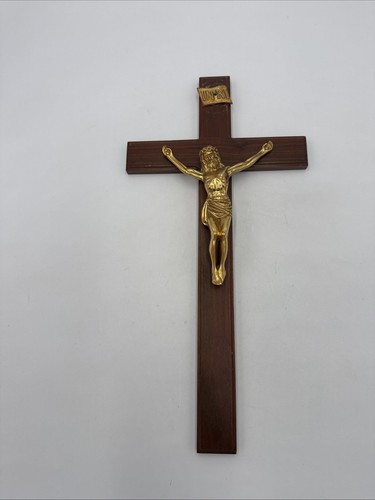 VTG Wood Christian Cross Crucifix Copper Metal Jesus with INRI, 16"