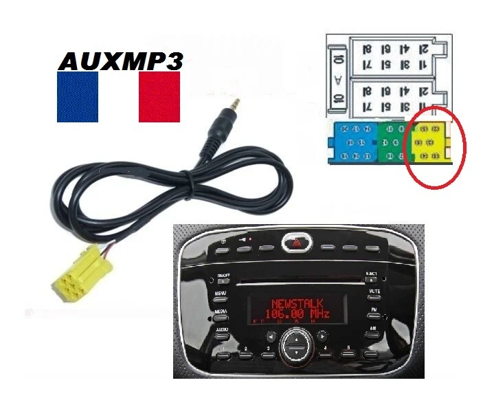 Cable adaptateur pour brancher ipod mp3 ect.. sur autoradio FIAT punto evo 2010.
