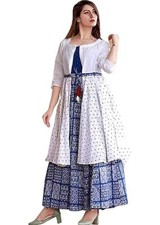 Rayon Fabric Latest Kurti with Jacket for Women and Girls  Royal Blue  White 