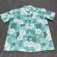 Nui Nalu Shirt Mens Medium Green White Hawaiian Floral Short Sleeve Made In USA