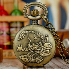 Bronze Retro Dragon Pattern Mens Womens Quartz Pocket Watches Necklace Chain