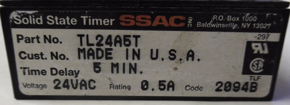 LITTELFUSE SSAC TL24A5T SOLID STATE TIMER, 24 VAC, 0.5 AMP, 5 MIN TIME DELAY - Image 3 of 4