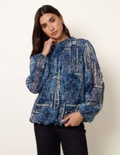 Blue Vanilla Womens High Neck Paisley Print Puffball Top