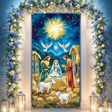 Nativity Christmas Door Cover Decorations - Jesus Holy Night Banner Blue Gold...