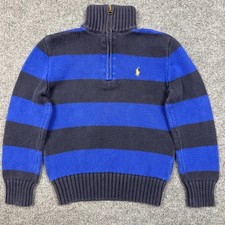 Polo By Ralph Lauren Sweater Boys 8 Blue Navy 1/4 Zip Mock Neck Stripe Knit