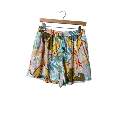 Blue Island Womens Shorts L Tropical Floral Gauze Tassel Boho Vacation Cruise