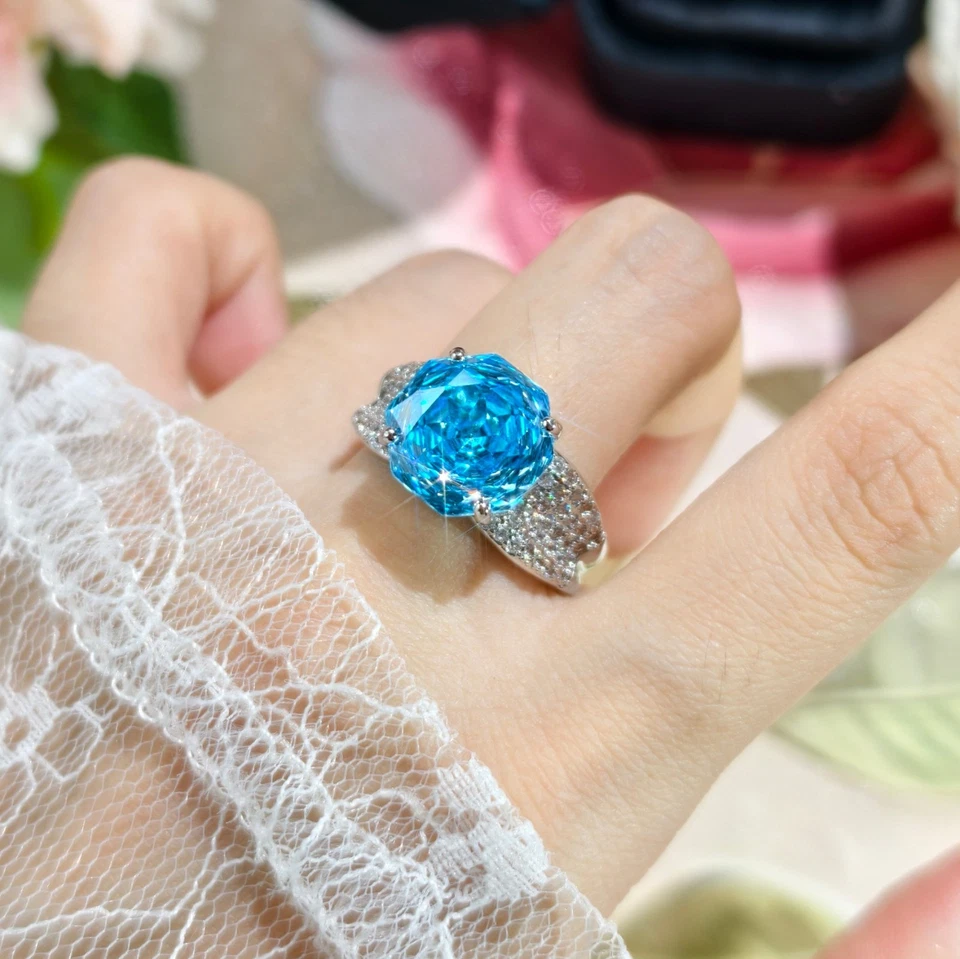 Sparkle 12mm Rose Cut Ocean Blue Topaz Gemstone Charm Women Girl Silver Rings - Image 3 of 4