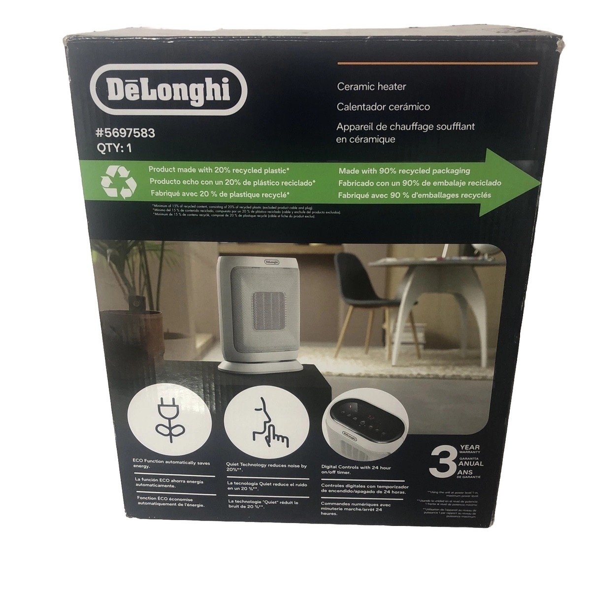 DeLonghi Ceramic Heater 1500W Personal Space Heater Oscillating