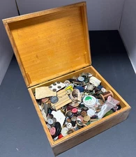 5 lb wooden box filled with mixed vintage buttons sewing notions crafting DIY