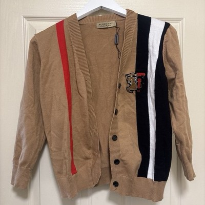 Burberry Women Beige Striped TB Logo Ribbed Knit V-Neck Button Cardigan S