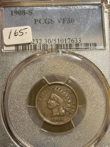 1908 S INDIAN HEAD CENT PCGS GRADED VF30 BROWN NICE COIN 1C KEY DATE