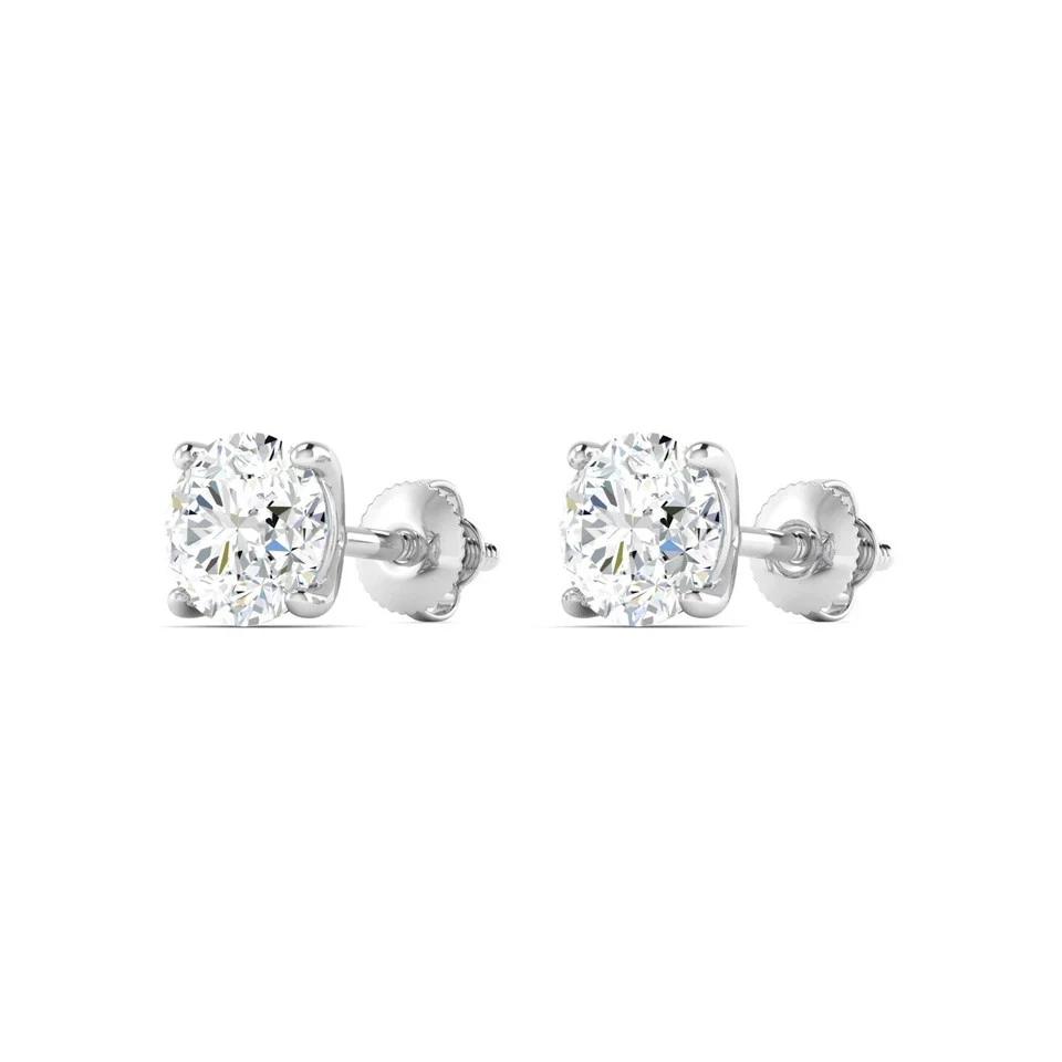 1 Ct Round Lab Created Grown Diamond Earrings 14K White Gold F/VS Basket Screw - Image 2 of 4