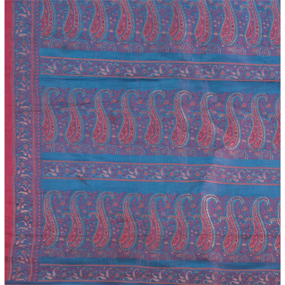 Tela Pallu Sánskriti Vintage Puro Satén Seda Tejido Brocado Diseño Azul Decoración Foto 2 de 4