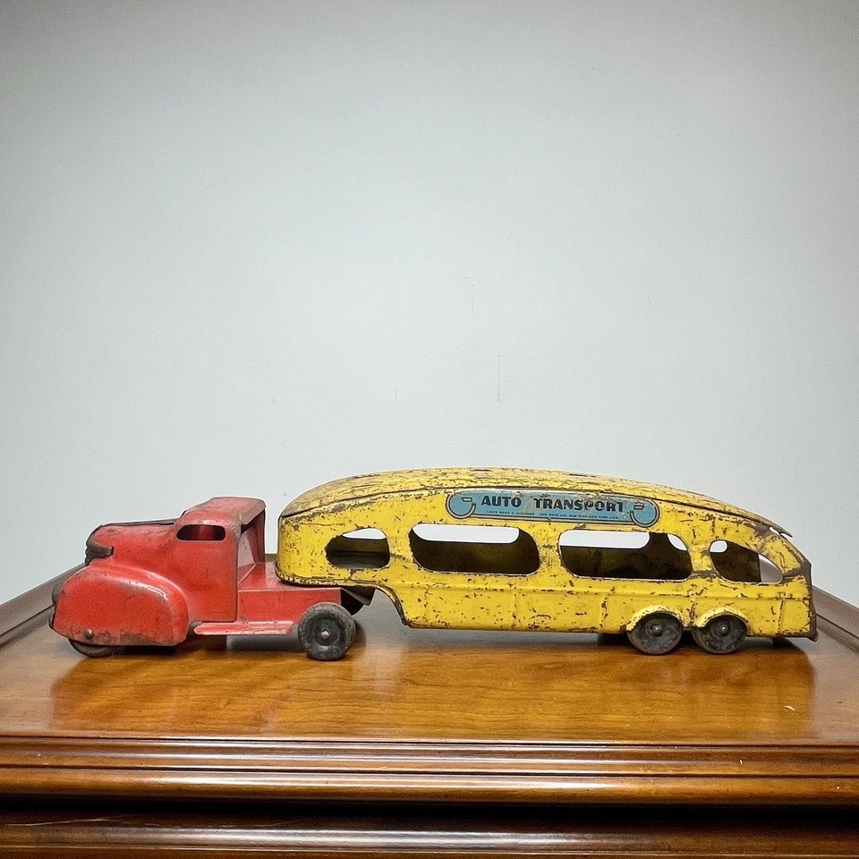 Vintage 1940er 50er Marx Pressed Steel Toy Deluxe Autotransport Truck Car Hauler