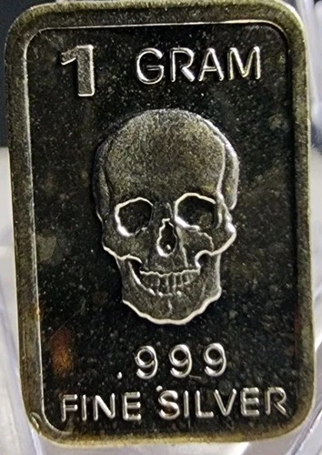 1 Gram .999 Fine Silver Art Bar Ingot. Skull. Fun & Unique Way To Invest.