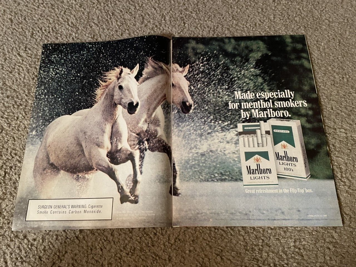 Vintage 1988 MARLBORO MENTHOL LIGHTS 100's CIGARETTES Print Ad HORSES 1980s 