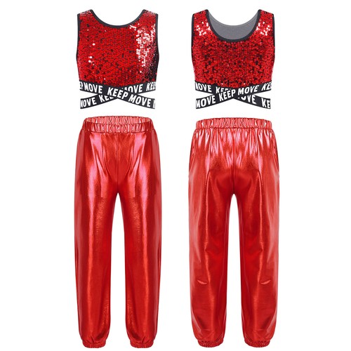 Kids Girls Tracksuit Sequins Hip Hop Criss-cross Crop Top With Pants Round Neck - Picture 40 of 68