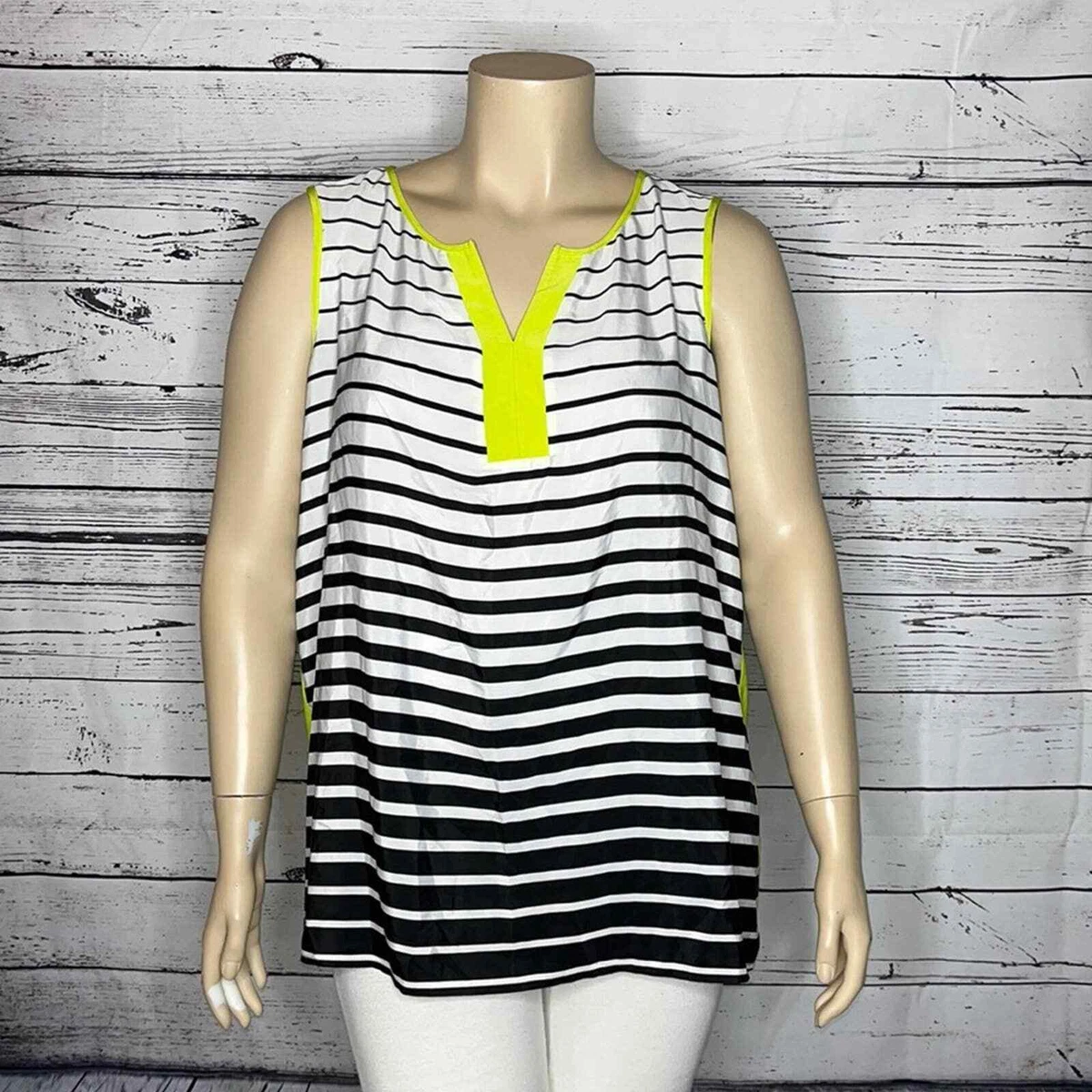 Avenue Size 18/20 Black & White Stripe w/ Chartreuse Trim V-Neck Tank Top Blouse