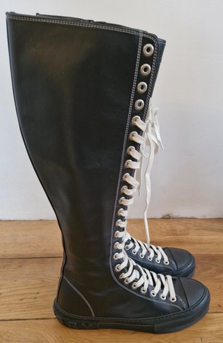 Burberry Black leather lace up biker Boots knee high EU42 UK9 NEW - Picture 6 of 12