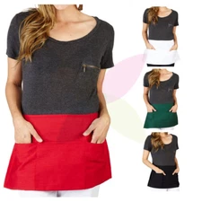 Half Bib Waist Apron Heavy Duty 3 Pocket Waitress Waiter Barista Workwear Unisex