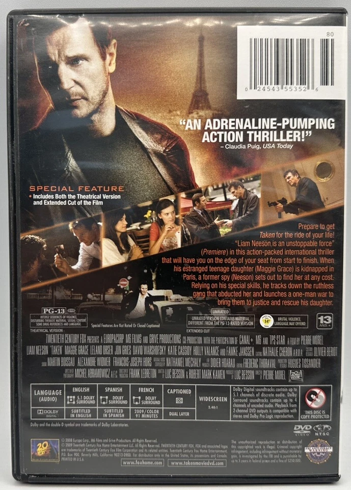 Taken DVD Widescreen Theatrical & Unrated Extended Cut Liam Neeson 2009 - Image 2 of 3