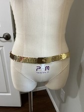 RARE Vintage Stretchy Gold Tone Fish Scale Floral Buckle Belt 32-34  Cat Lady