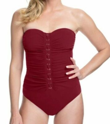 NWT Profile by Gottex Merlot Moto Lace Up Strapless One Piece Swimsuit 8 yno0223