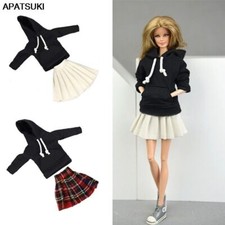 Black Top Hoodies Sweatshirt Pleated Skirts Clothes For 11.5in Doll Outfits 1/6