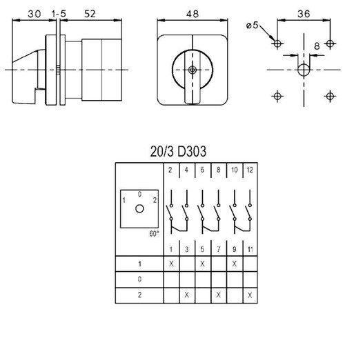 Nockenschalter 48x48mm (1/0/2) 3xEIN/AUS/EIN 690V 20A Hauptschalter Drehschalter - Bild 5 von 5