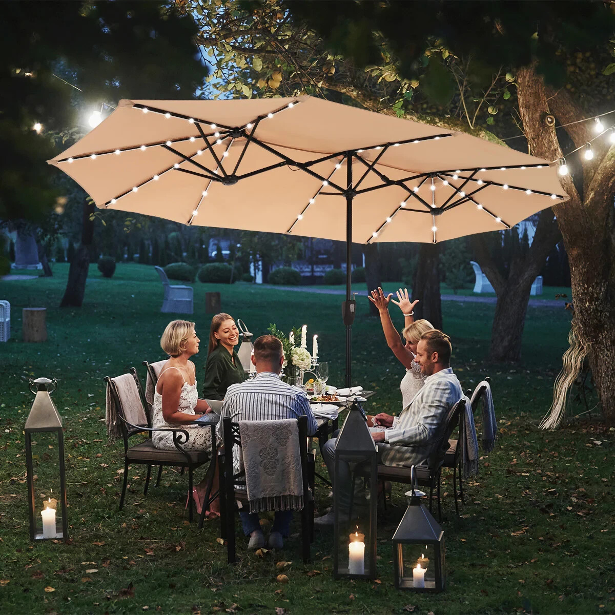 PHI VILLA 13 ft. Market Patio Umbrella 2-Side Double Top in Beige