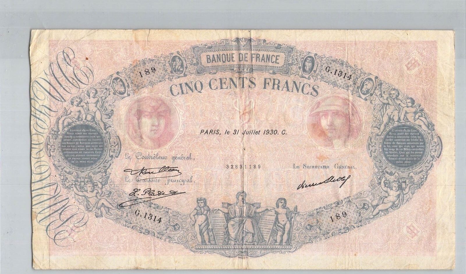 Francja 500 franków Niebieski I Różowy 31 lipca 1930 G 1314 N° 32831189 Pick 66L Nowy HOT